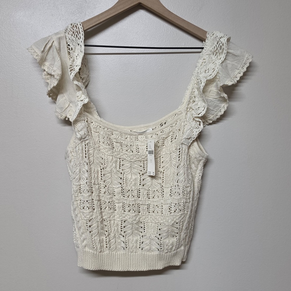 Anthropologie Ruffled Garden Sweater Tank Top Ivory Knit Lace Trim NWT Large - Picture 4 of 11